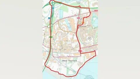 Essex Police A map of West Thurrock. A red line has been added to its roads showing the area covered by the Public Space Protection Order