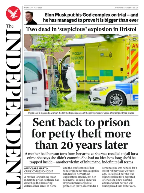 The headline on the front page of the Independent reads: "Two dead in 'suspicious' explosion in Bristol."