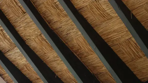 Shaun Whitmore/BBC The underside of a thatched roof, in between black wooden beams. The underside reeds or straw are neatly cross-hatched 