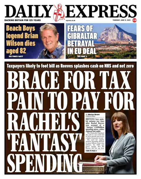 The headline on the front page of the Daily Express reads: "Brace for tax pain to pay for Rachel's 'fantasy' spending".