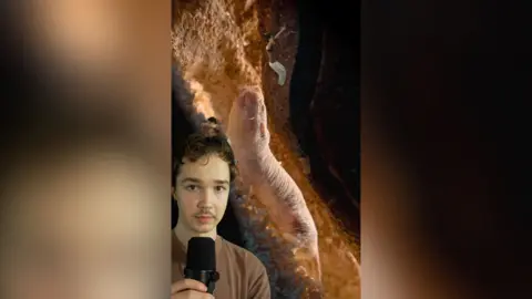 A man talks to the camera with an image of a naked mole-rat in a tunnel behind him.
