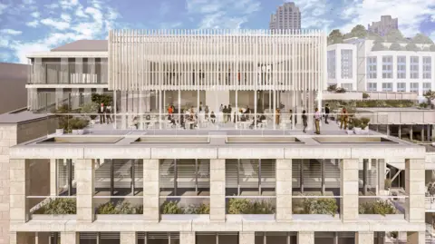 Miller Hare Computer-generated image showing the proposed rooftop extensions at King Edward Court, with a glazed pavilion, vertical fins and people using a landscaped terrace above the London Stock Exchange Group’s offices.