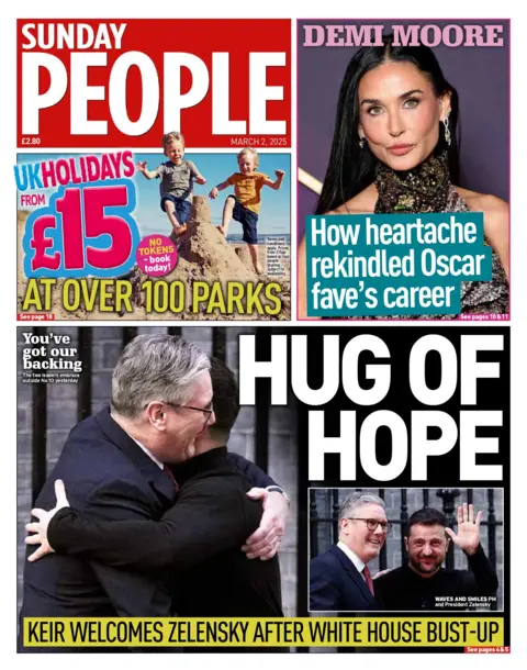 The front page of the Sunday People shows Starmer hugging Zelensky 