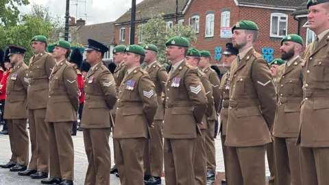 A general view of the front three lines of soldiers receiving the freedom of Thatcham during a ceremony. 