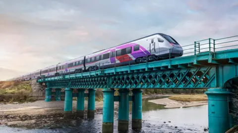 Translink A train is travelling across a bridge. The bridge is green and has water beneath it. 