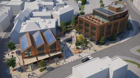 BROMSGROVE DISTRICT COUNCIL A computer-generated aerial image showing two new buildings with a public space in between featuring a curving path, trees and seating.