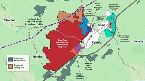 Kelvedon Against Urban Sprawl A map shows large coloured sections of planned sites for new housing around the Essex villages of Kelvedon and Feering.