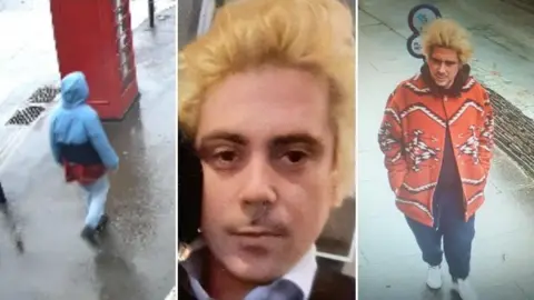 Three photos, the first of a man from the back walking with a blue hood up. The second photo is a close up of Key's face, he has blond hair. The third is him walking with a red patterned jacket on and blond hair.