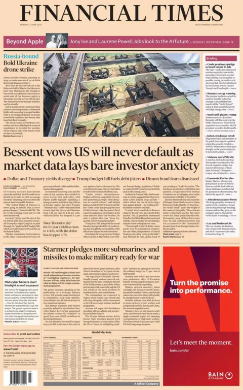 The front page of the Financial Times shows Ukrainian drones alongside the headline: Russia-bound - bold Ukraine drone strike. Below there is a headline that reads: Bessent vows US will never default as market data lays bare investor anxiety. 