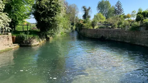 Foston-on-the-Wolds. A clear, shallow river flows gently between two banks: the one on the left is lined with overhanging trees and dense greenery, the other bordered by a brick wall with neatly kept gardens above it. Sunlight reflects off the rippling water, creating bright patches. The scene is lush and summery, with tall trees and shrubs in full leaf under a bright blue sky.