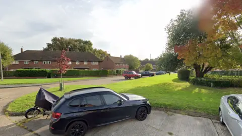 A black car parked on concrete in front of a patch of green grass. There are green hedges and trees with brown leaves on the grass to the right. On the left of the image are a number of brown houses