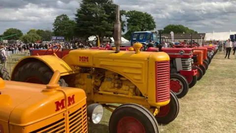 Rob Sykes/BBC A row of dozens of tractors lined up. They vary in colours and in size with the closest to the camera being yellow. 