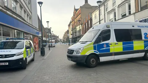 An image of the police cordon in St Peter's Street, Derby. 