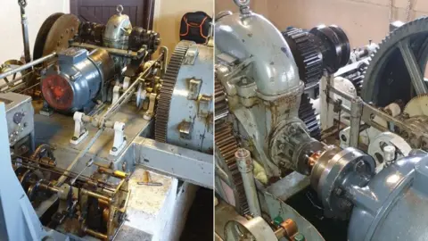 Wayne Francis A composite image showing two views of the clock's mechanism, an industrial looking set of large cogs, rods and wheels roughly the size of a double bed