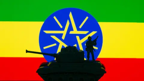 Illustration with figures of a soldier and a tank in front of a Ethiopia flag.