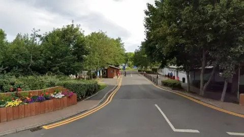 Google streetview image of the main gate of the park with trees and flowers