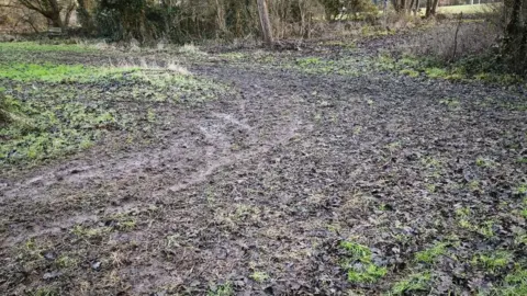 LDRS Muddy area of park, with sparse grass intermingled. Trees are in the background.