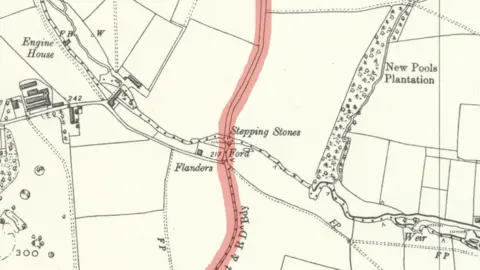 Ordnance Survey Old black and white map, showing a route across the River Perry, marked as "stepping stones" over a ford.