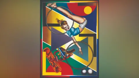 Courtesy of the Phillips family Art-O-Matic Riding High by Peter Phillips depicts a women against a brightly coloured backdrop with circles triangles and motor machinery