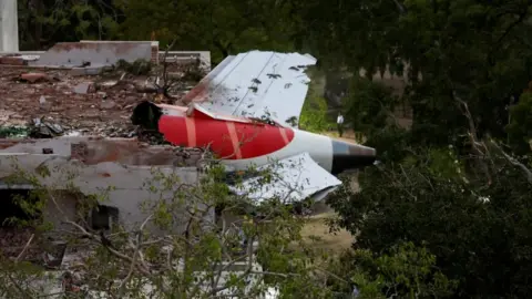 Reuters The rear part of a red and white plane crash in a building. It is surrounded by trees.