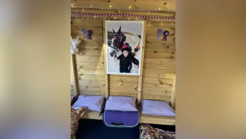 A wooden hut with a bench along one wood panel with three purple cushions on the bench. Above is a picture of Olivia wearing dark clothing and a riding hat holding the reins of a cream horse with a brown patch around ears and eyes.