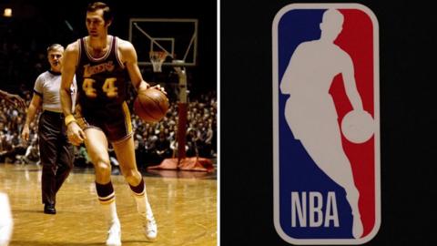 Jerry West bounces a basketball (left) and the NBA logo (right)