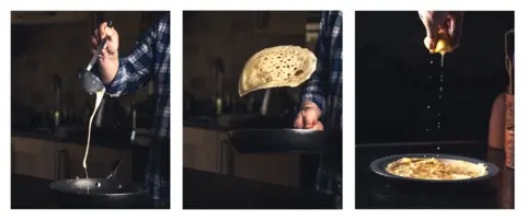 Ian Knight Thre pictures showing the stages of making a pancake