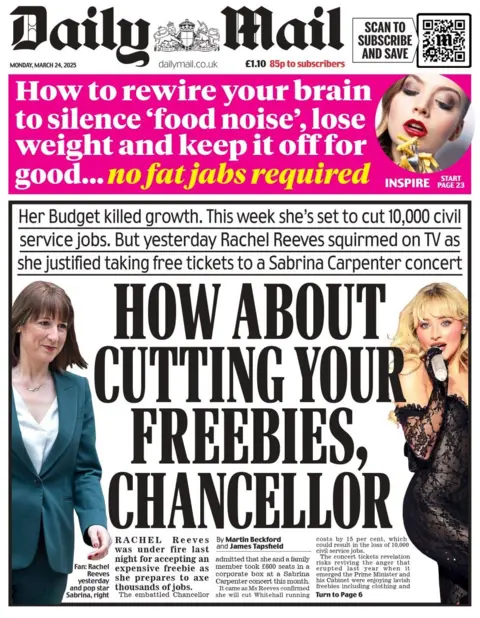 A picture of Sabrina Carpenter and Rachel Reeves is on the front page of the Daily Mail, with the headline: How about cutting your freebies, chancellor?