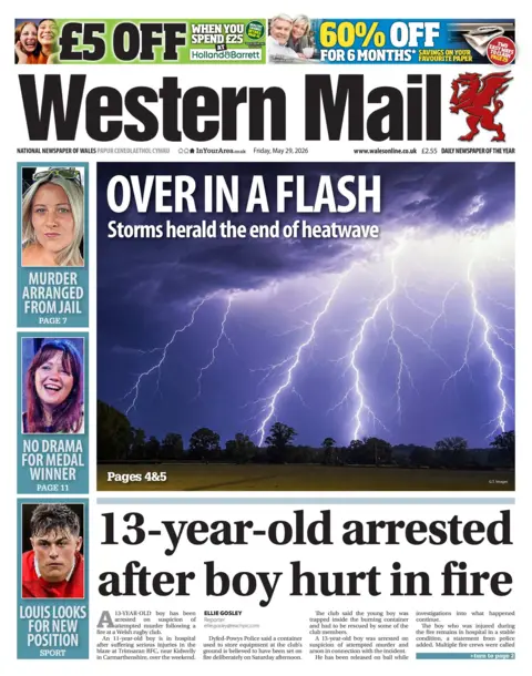 Western Mail The front page of the Western Mail with the headline 'Over in a flash: Storm herald the end of heatwave'. 