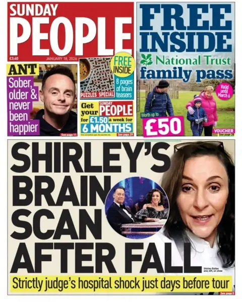 "Shirley's brain scan after fall" reads the headline on the front page of the Sunday People.