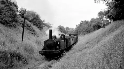 Don Martin A black and white image of a daily goods train, just south of Whitegates Level crossing, between Kirkintilloch and Woodilee