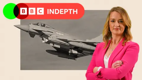 A treated image of a British Royal Air Force Eurofighter Typhoon with a image of the journalist alongside it