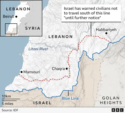 IDF map showing area of south Lebanon where civilians are warned not to go