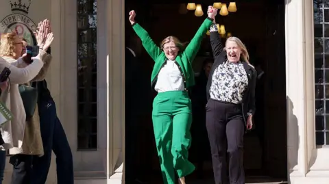 Getty Images womens' rights campaigners Susan Smith (in green) and Marion Calder, both directors of 'For Women Scotland outside the Supreme Court in London. The women hold their hands above their heads in celebration at their victory