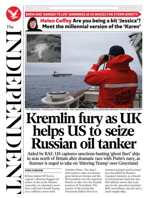 "Kremlin fury as UK helps US to seize Russian oil tanker" reads the headline on the front page of the Independent.