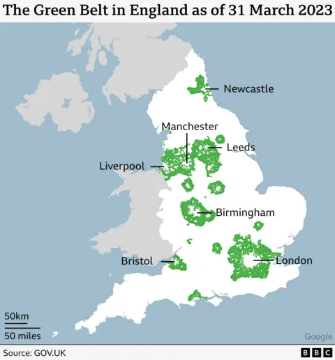 Map showing the Green Belt in England as of 31 March 2023. It shows shaded areas are around the urban centres of major cities, including London, Bristol, Birmingham, Liverpool, Manchester, Leeds and Newcastle. London has the largest area of green belt and the green belts around Liverpool, Manchester and Leeds as shown to merge together.