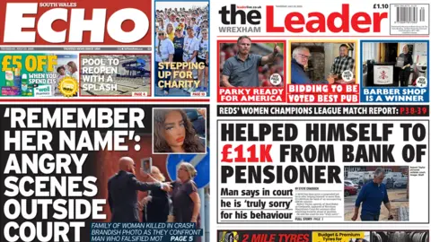 Front pages of South Wales Echo and Wrexham Leader