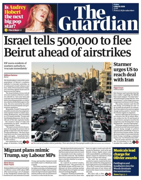 The headline on the front page of the Guardian reads: “Israel tells 500,000 to flee Beirut ahead of airstrikes”.