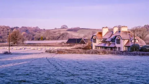 Weather Watchers/Liz Elmont A frosty scene in the country with sheep on a white, frozen field in the distance and a farm house to the right of the picture.
