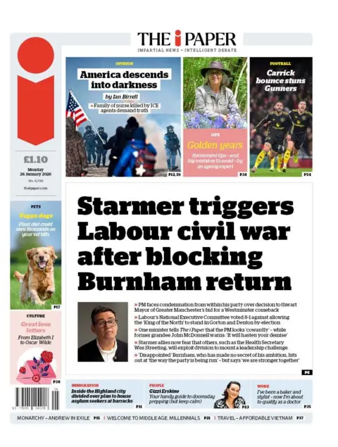BBC The headline on the front page of the i Paper reads: “Starmer triggers Labour civil war after blocking Burnham return”.