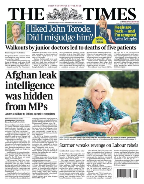 The headline on the front page of the Times reads: "Afghan leak intelligence was hidden from MPs"