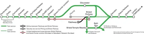 Network Rail Map of diversions while the Severn Tunnel is shut