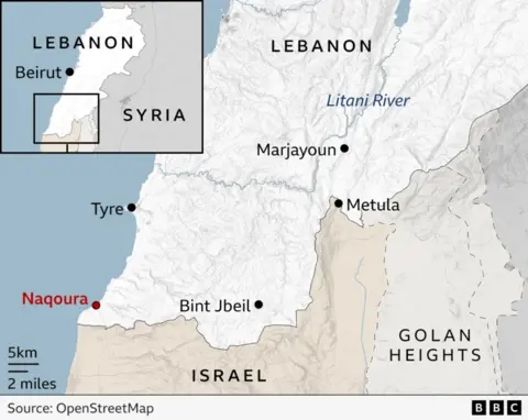 Map of southern Lebanon with Naqoura highlighted