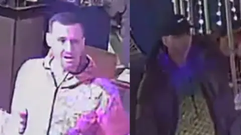 West Midlands Police Blurry photos of two men, one with short hair and a white jacket and the other with a black cap and black coat