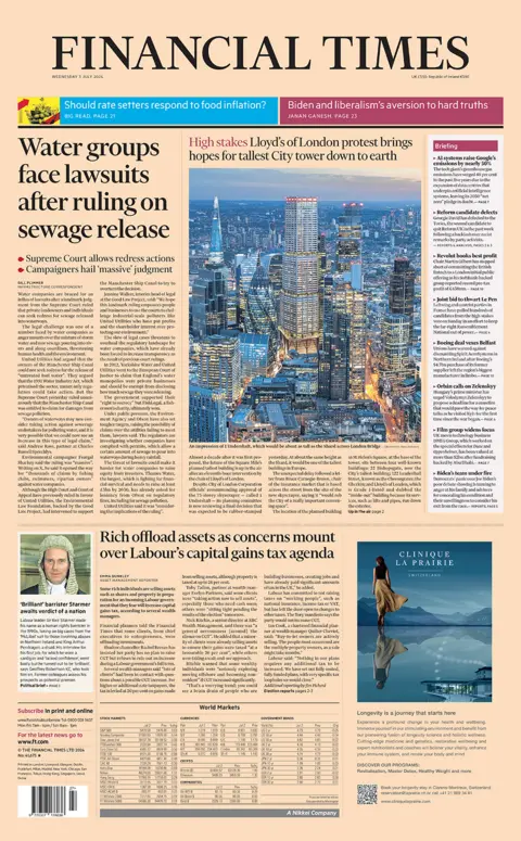 The headline in the Financial Times reads: "Water groups face lawsuits after ruling on sewage release". 