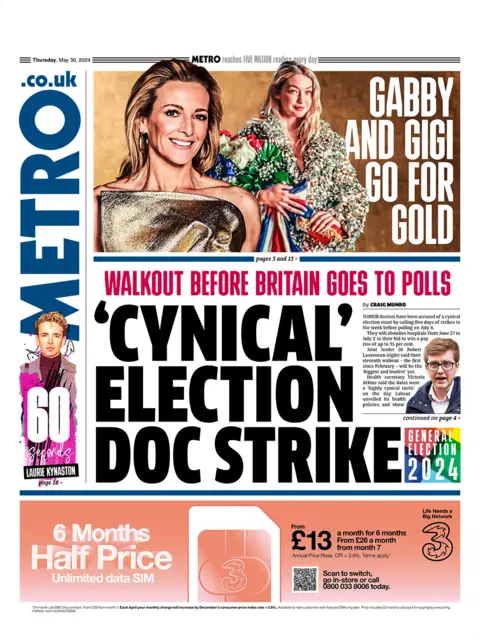Metro front page.  The main headline of the newspaper is: "Election document strike 