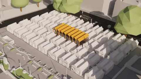 We can see an overhead, computer generated view of Norwich market. Most stalls are white - but in the middle we can see an area with an elevated roof, highlighted in yellow.
