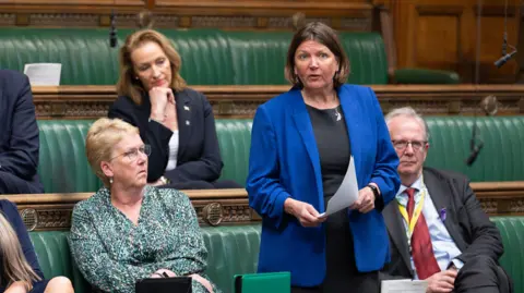 Ellie Chowns stands up in the House of Commons wearing a black top and a bright blue jacket. She is holding a piece of paper with fellow MPs sat beside her and behind her.