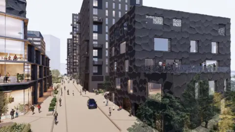 A computer generated image showing black housing blocks and windows, street scene and a road, and offices.