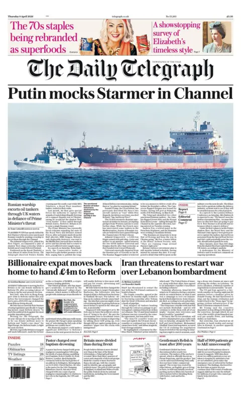 The headline on the front page of the Daily Telegraph reads: “Putin mocks Starmer in Channel”.